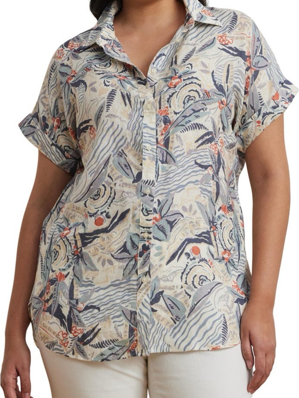 Ralph Lauren Beach Print Relaxed Fit Short Sleeve Linen Button-Up Shirt - Picture 7 of 10